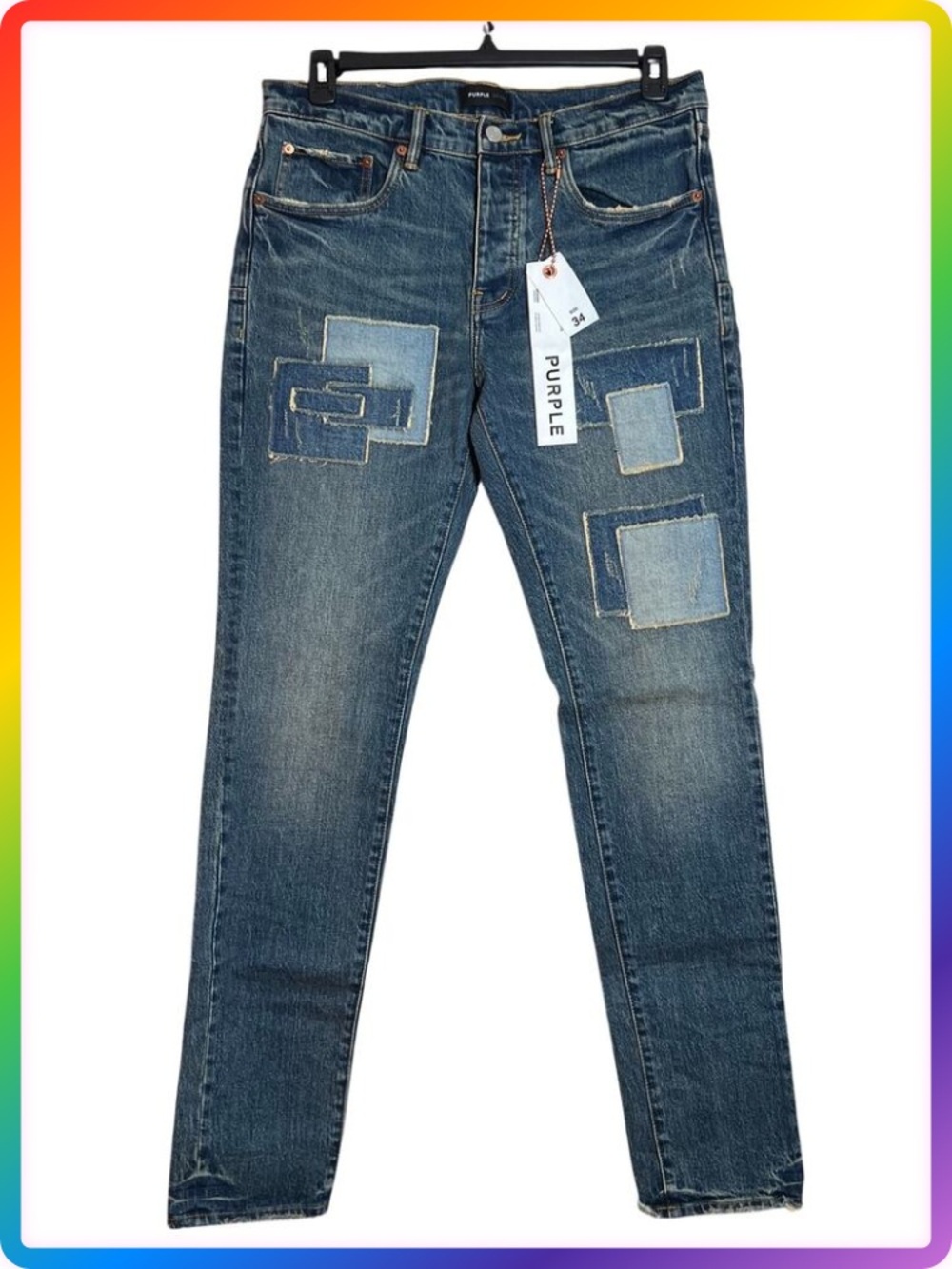 PURPLE Brand Square Patch Repair Slim Jeans Mens 34 Indigo Patchwork NWT